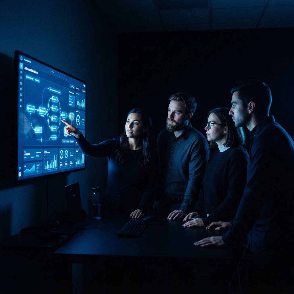 A B2B SaaS operations team reviewing an automated workflow dashboard showing connected pipeline nodes and efficiency metrics